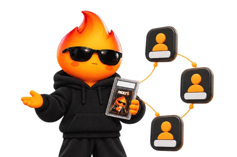 PACKZ mascot with a collector card and connected profile icons