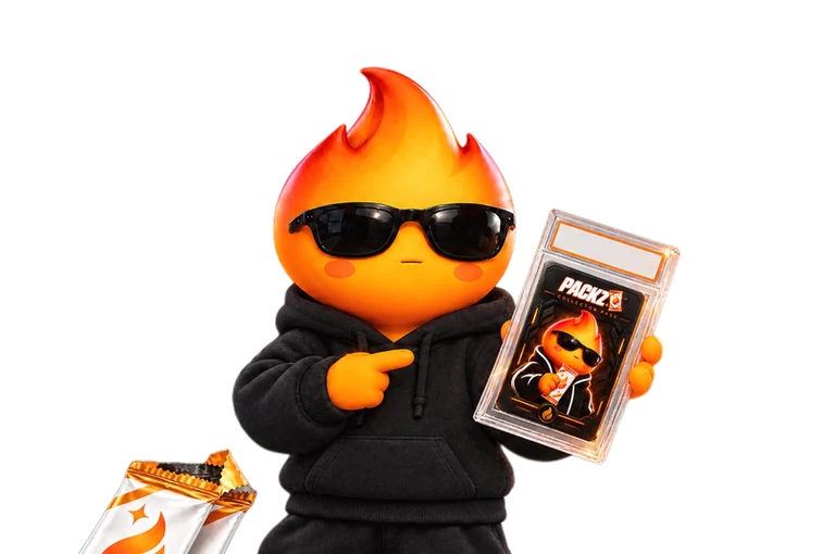 PACKZ flame mascot presenting a graded card beside booster packs