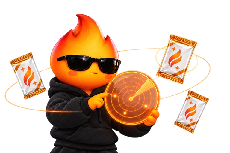 PACKZ flame mascot holding a radar display among booster packs